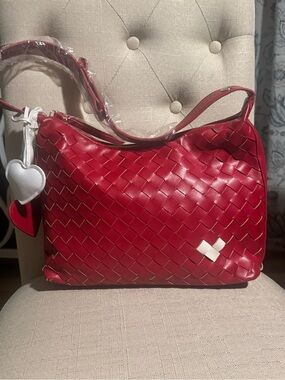Red Hand‑Woven Vegan Leather Tote with Heart Design & Charms